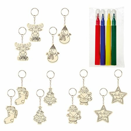 11cm Set of 2 Colour Your Own Wooden Christmas Keyrings - choose from 6 different designs