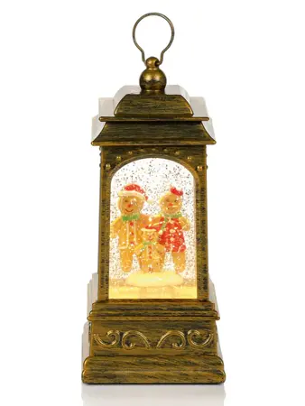21cm Gingerbread Scene Glitter Festive Spinner Lantern - Battery or Mains Operated