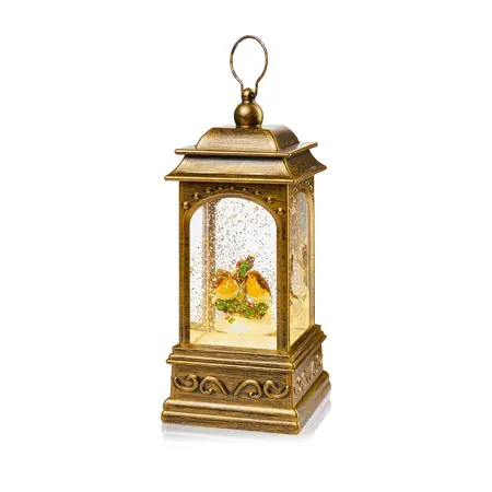 21cm Robin Scene Glitter Festive Spinner Lantern - Battery or Mains Operated