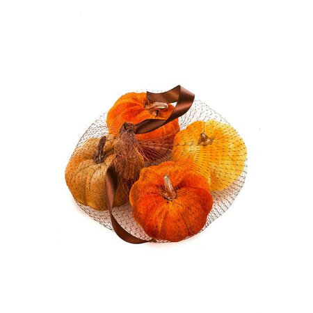 4 Velvet Pumpkins 7.5cm - Yellow/Orange Mix