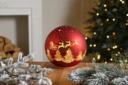 Battery Lit Red Glass Santa Sleigh Ball 15cm