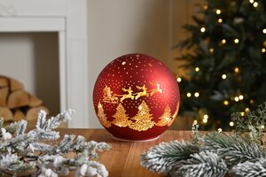 Battery Lit Red Glass Santa Sleigh Ball 15cm