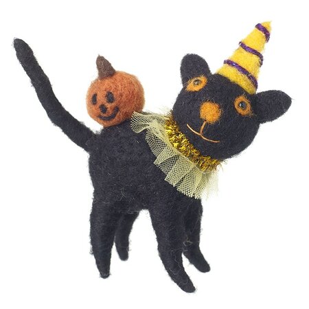 Black Felt Cat With Pumpkin