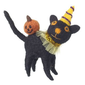 Black Felt Cat With Pumpkin