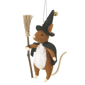 Black Felt Witch Mouse With Broom Decor