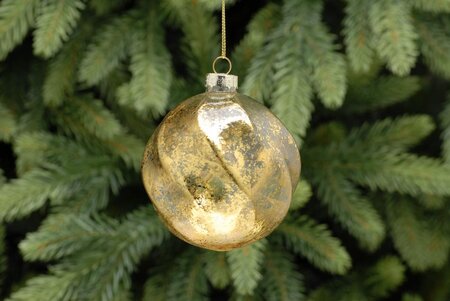 Festive 10cm Frosted Ridged Gold Swirl Glass Ball
