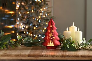 Festive 19cm Battery Operated Glass Tree with Red Snowflake - image 1