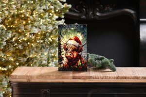 Festive 21cm Battery Operated Lit Stained Glass Lantern - Highland Cow