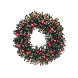 Festive 34cm Green Frosted Wreath with Red Berries