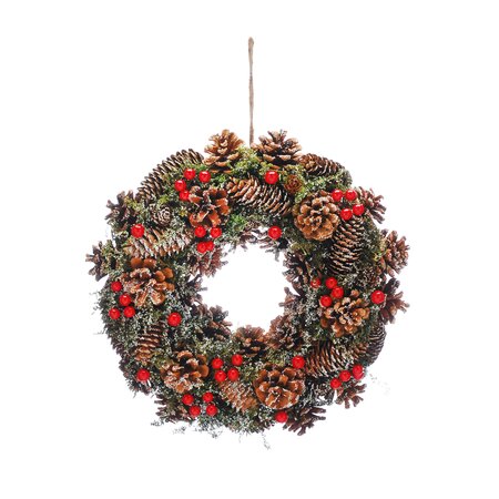 Festive 36cm Natural Pinecones and Red Berries Wreath
