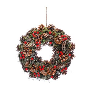 Festive 36cm Natural Pinecones and Red Berries Wreath