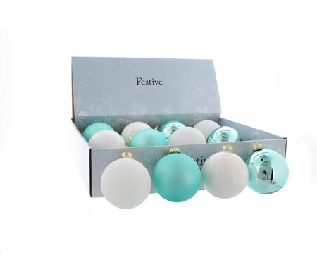 Festive 8cm 2 asstd light blue / white glass balls