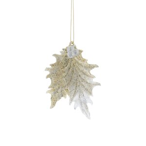 Hanging Champagne/Silver Glitter Holly Decoration 11cm