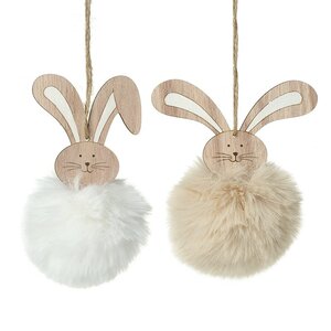 Hanging Wood and Fur Bunny Decoration