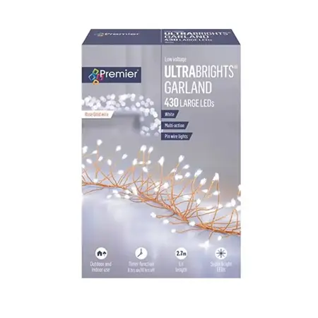 Premier UltraBright Garland 430 White LED with Rose Gold Wire