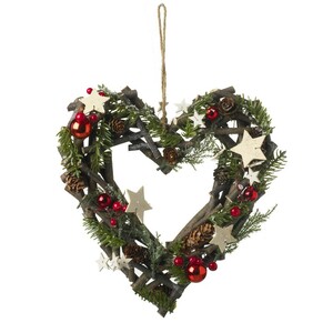 Red & Woodland White Stars Heart Wreath