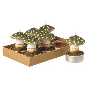 Set of 6 Wax Green Toadstool T Lights
