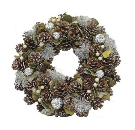 Silver Diamond Bauble and Cone Wreath 30cm