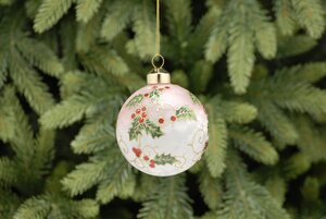 White Glass Ball with Holly Design 8cm